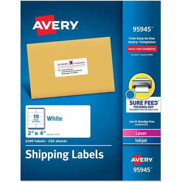 Avery® Shipping Labels, Sure Feed, 2"x4" , 2500 Glossy Labels (95945) - 2" Width x 4" Length - Permanent Adhesive - Rectangle - Laser, Inkjet - White - Paper - 10 / Sheet - 250 Total Sheets - 2500 Total Label(s) - 2500 / Box - Permanent Adhesive, Jam Resistant, Customizable, Peel-off