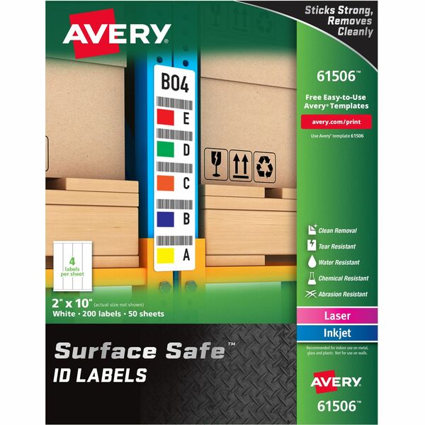 Avery® Surface Safe ID Label - 2" Width x 10" Length - Removable Adhesive - Rectangle - Laser, Inkjet - White - Film - 4 / Sheet - 50 Total Sheets - 200 Total Label(s) - 5 - Water Resistant