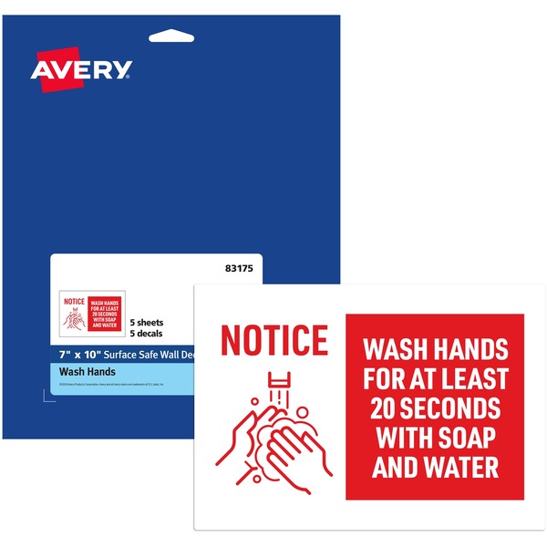 Avery® Surface Safe NOTICE WASH HANDS Wall Decals - 5 / Pack - Wash Hands for at Least 20 Seconds Print/Message - 7" Width x 10" Height - Rectangular Shape - Water Resistant, Pre-printed, Chemical Resistant, Abrasion Resistant, Tear Resistant, Durable, UV Resistant, Residue-free, Easy Peel, Anti-slip, Stick & Stay, ... - Polyester, Vinyl - Red