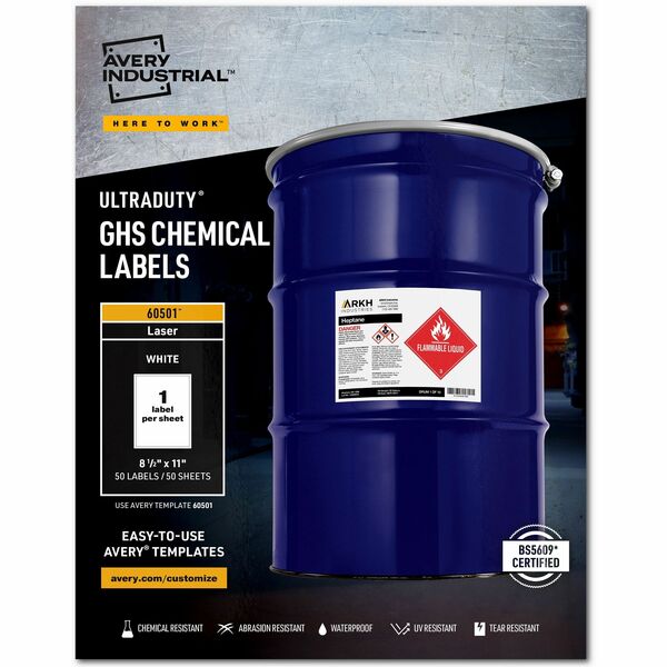 Avery® UltraDuty Warning Label - 8 1/2" Width x 11" Length - Permanent Adhesive - Rectangle - Laser - White - Film - 1 / Sheet - 50 Total Sheets - 50 Total Label(s) - 50 / Box - Water Resistant