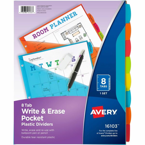 Avery® Write & Erase 8-Tab Plastic Dividers, Pockets, Brights (16103) - Multicolor - Plastic - 2