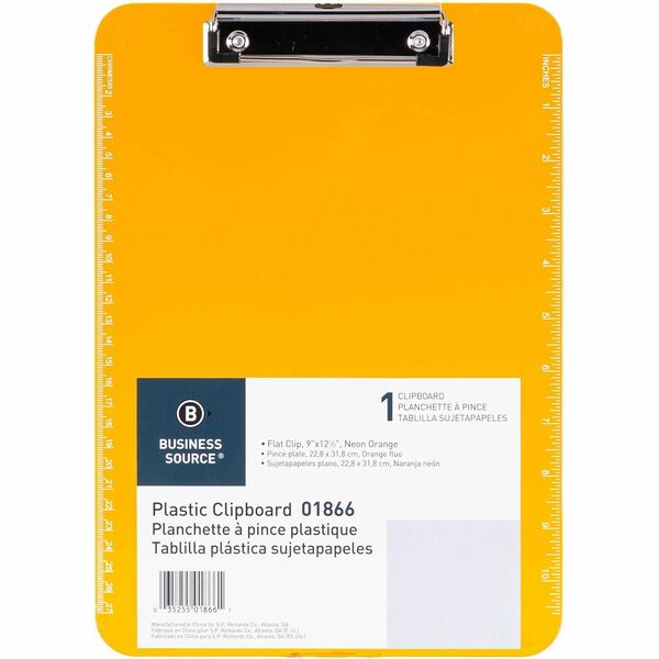 Business Source Flat Clip Clipboard - 9" x 12" - Plastic - Neon Orange - 1 Each