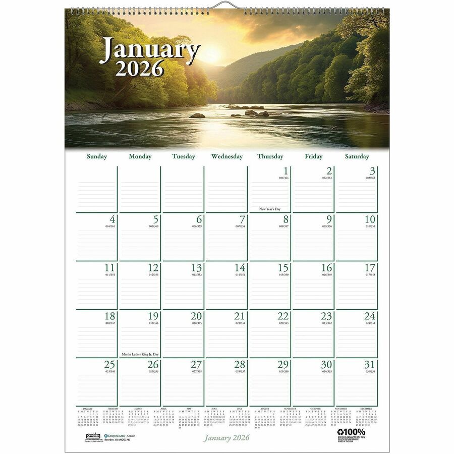 House of Doolittle Earthscapes Scenic Wall Calendars - Julian Dates - Monthly - 1 Year - January 2024 - December 2024 - 1 Month Single Page Layout - 12" x 16 1/2" Sheet Size - 2" x 1.63" Block - Wire Bound - White - Paper - Reference Calendar, Hanging Loop - 1 Each
