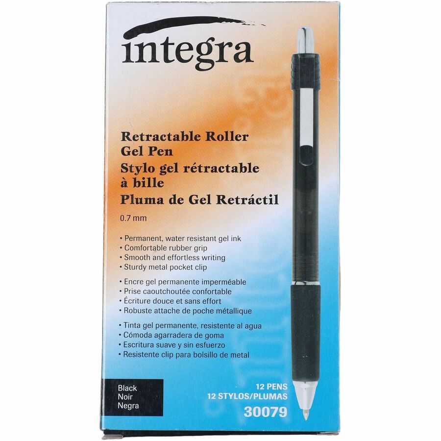 Integra Retractable Roller Gel Pen with Metal Clip - 0.7 mm Pen Point Size - Retractable - Black Gel-based Ink - Black Barrel - 1 Dozen