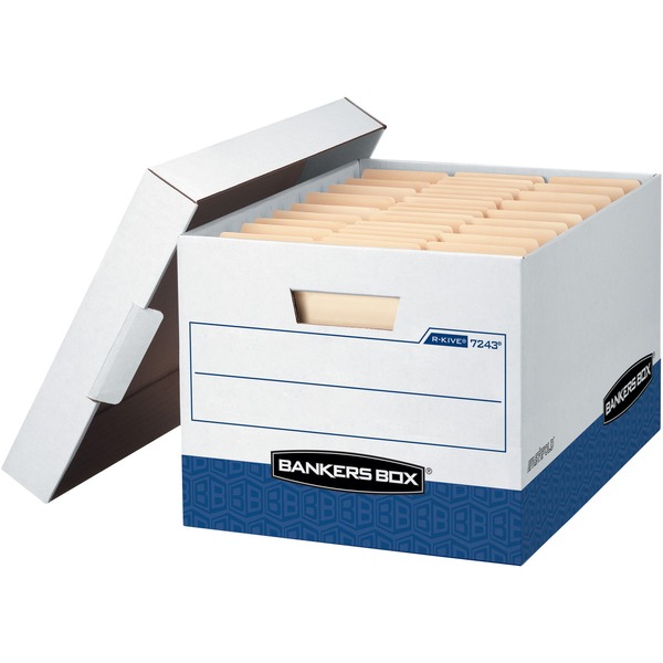 R-Kive Letter/Legal File Storage Box - Internal Dimensions: 12" Width x 15" Depth x 10" Height - External Dimensions: 12.8" Width x 16.5" Depth x 10.4" Height - Media Size Supported: Legal, Letter - Lift-off Closure - Heavy Duty - Triple End/Double Side/Double Bottom Wall - Stackable - White, Blue - Recycled - 20 / Carton