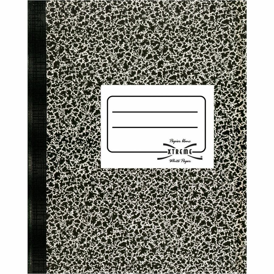 Rediform Xtreme White Notebook - 80 Sheets - Sewn - Wide Ruled - Ruled Red Margin - 7 7/8" x 10" - White Paper - Black Marble Cover - Subject - 1 Each