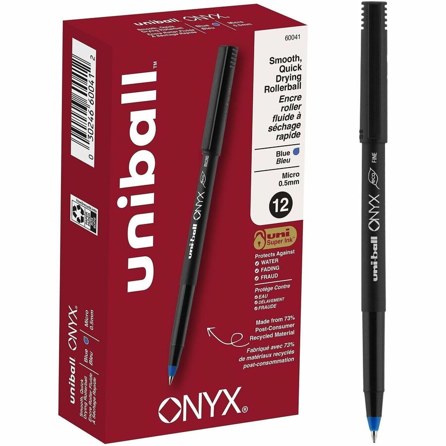 uniball™ Onyx Rollerball Pens - Micro Pen Point - 0.5 mm Pen Point Size - Blue - 1 Dozen