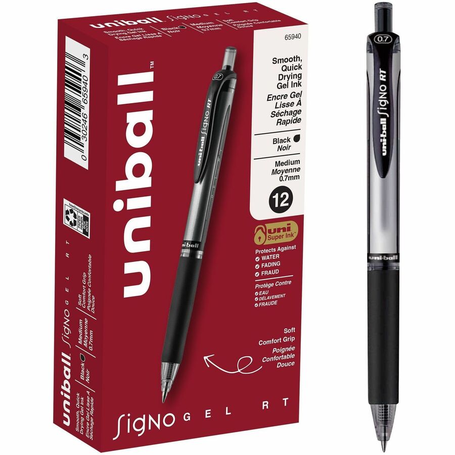 uniball™ Signo RT Gel Pen - Medium Pen Point - 0.7 mm Pen Point Size - Refillable - Retractable - Black Gel-based Ink - 1 Dozen