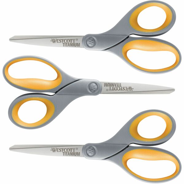 Westcott Titanium Bonded Scissors Set - 8" Overall Length - Straight-left/right - Titanium - Pointed Tip - Gray/Yellow - 1 Each
