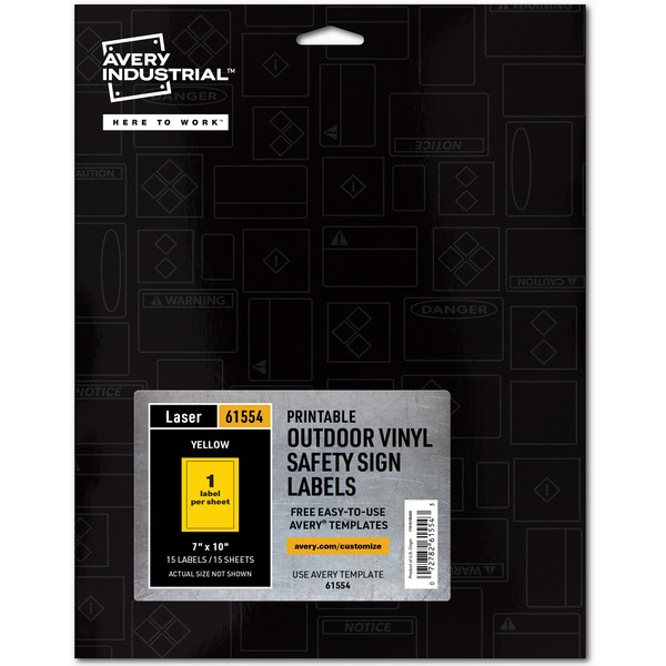 Avery® Adhesive Printable Vinyl Signs - Waterproof - 5" Width x 7" Length - Permanent Adhesive - Rectangle - Laser - Yellow - Vinyl - 1 / Sheet - 15 Total Sheets - 15 Total Label(s) - 15 Label - Print-to-the Edge, Permanent Adhesive, Customizable, Self-adhesive, Chemical Resistant, Abrasion Resistant