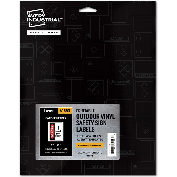 Avery® Danger Header Printable Outdoor Vinyl Signs - Waterproof - "DANGER" - 7" Width x 10" Length - Permanent Adhesive - Rectangle - Laser - White - Vinyl - 1 / Sheet - 15 Total Sheets - 15 Total Label(s) - 15 Label - Print-to-the Edge, Permanent Adhesive, Customizable, Pre-printed, Self-adhesive, Chemical Resistant, Abrasion Resistant