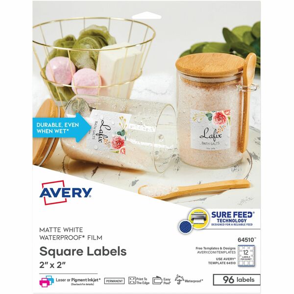 Avery® Durable Waterproof Labels, 2" x 2" Square, 96 Total - Waterproof - 2" Width x 2" Length - Permanent Adhesive - Square - White - Film - 12 / Sheet - 8 Total Sheets - 96 Total Label(s) - 8 / Pack - Water Resistant - Self-adhesive, Oil Resistant, Easy Peel, Pop Up Edge, Strong