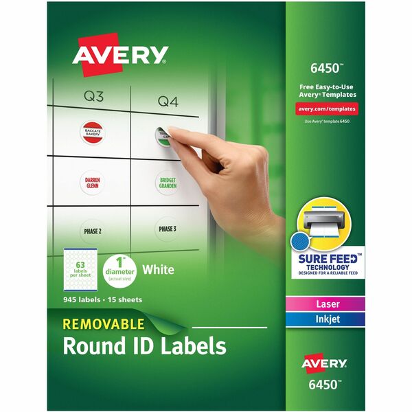 Avery® Multiuse Removable Labels - - Width1" Diameter - Removable Adhesive - Round - Laser, Inkjet - White - Paper - 63 / Sheet - 15 Total Sheets - 945 Total Label(s) - 945 / Pack