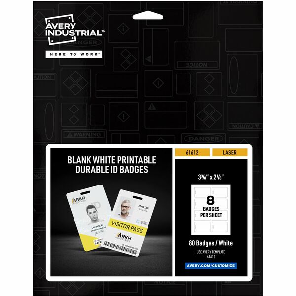Avery® Name Badge - 80 Packaged Quantity - 2.1" Width x 3.4" Height - Rectangular Shape - Double Sided - Durable, Hand Writable, Printable, Water Resistant, Chemical Resistant, Abrasion Resistant, Tear Resistant, UV Resistant - PET, Polyester - White