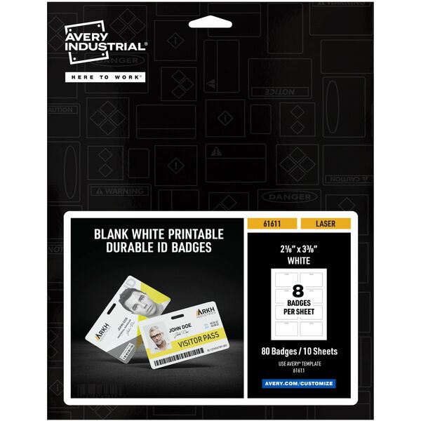Avery® Name Badge - 80 Packaged Quantity - 3.4" Width x 2.1" Height - Rectangular Shape - Double Sided - Durable, Hand Writable, Printable, Water Resistant, Chemical Resistant, Abrasion Resistant, Tear Resistant, UV Resistant - PET, Polyester - White