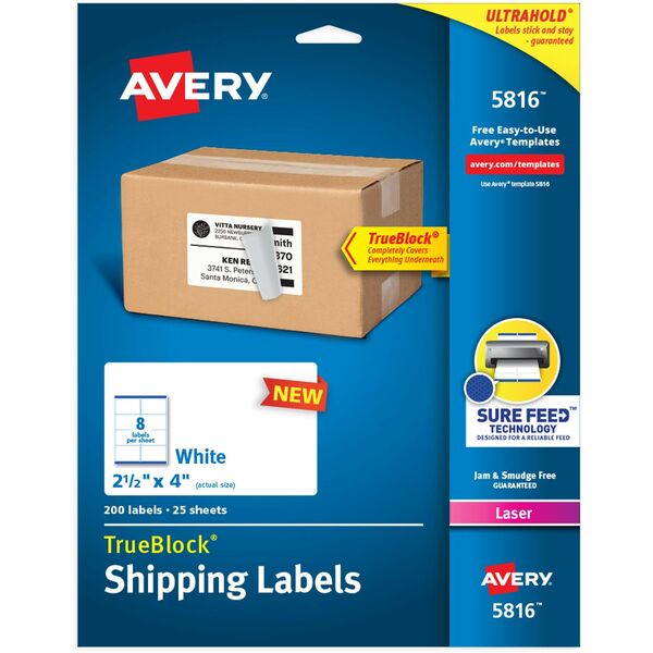 Avery® Printable Shipping Labels, 2.5" x 4" , 200 Labels (5816) - 2 1/2" Width x 4" Length - Permanent Adhesive - Rectangle - Laser - White - Paper - 8 / Sheet - 25 Total Sheets - 200 Total Label(s) - 200 / Pack - Permanent Adhesive, Smudge-free, Jam-free, Smudge Resistant, Stick & Stay