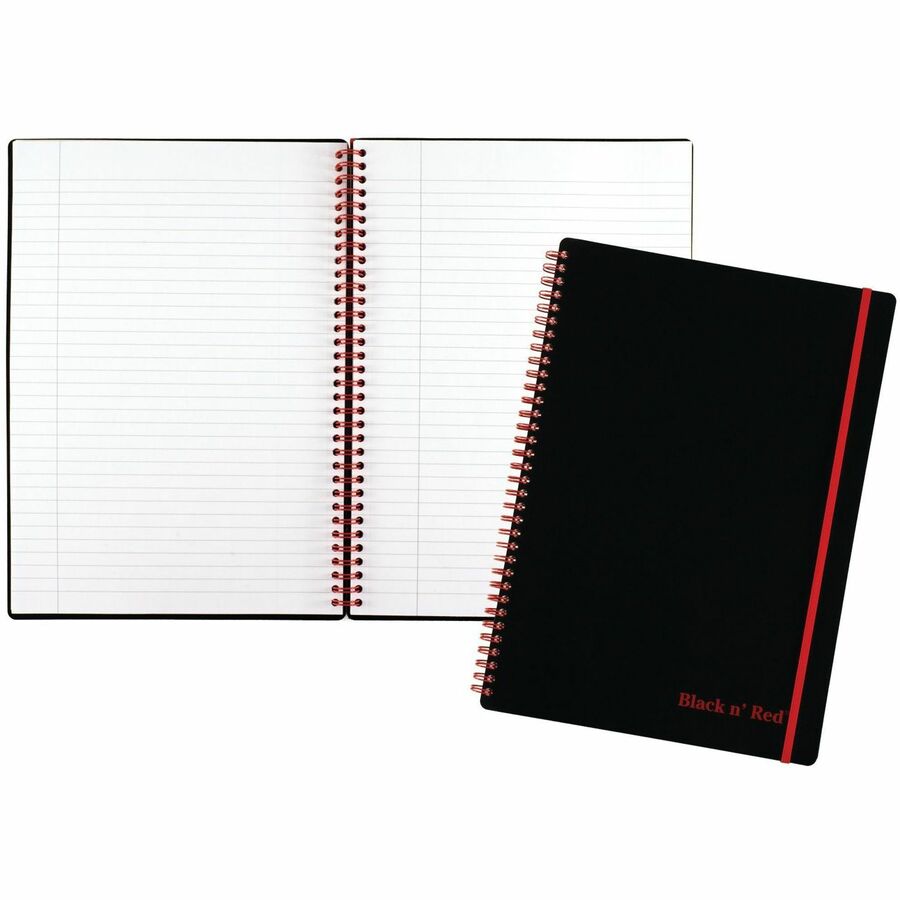 Black n' Red Wirebound Poly Notebook with Front Pocket - 70 Sheets - Wire Bound - Ruled Margin - 24 lb Basis Weight - 8 1/4" x 11 3/4" - White Paper - Red Binder - BlackPolypropylene Cover - Micro Perforated, Wipe-clean Cover, Strap, Hard Cover, Pocket, Rigid - 1 Each