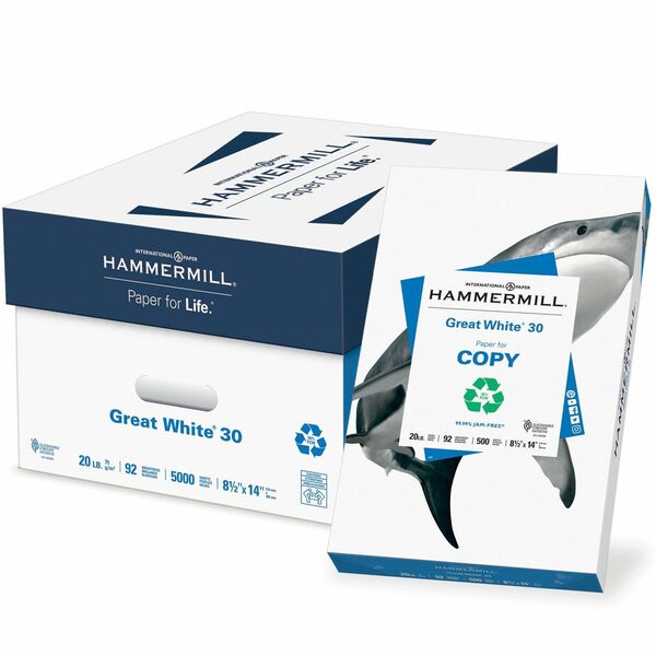 Hammermill Great White 30 Copy Paper - 92 Brightness - 88% Opacity - 8 1/2" x 14" - 20 lb Basis Weight - 75 g/m² Grammage - 10 / Carton - 500 Sheets per Ream - Acid-free, Jam-free - White