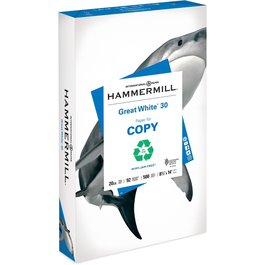 Hammermill Great White Recycled Copy Paper - White - 92 Brightness - Legal - 8 1/2" x 14" - 20 lb Basis Weight - 1 / Ream - FSC - Acid-free, Moisture Resistant, Archival-safe, Jam-free