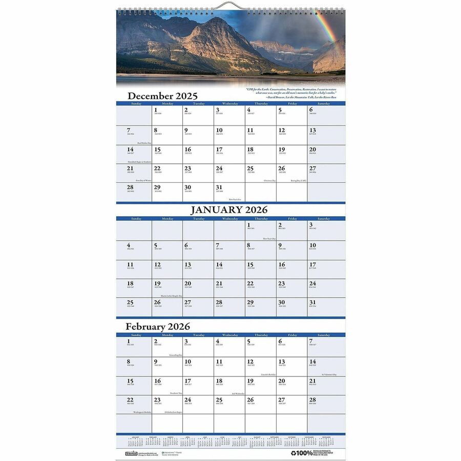 House of Doolittle Scenic 3-month Wall Calendar - Julian Dates - 14 Month - December 2023 - January 2025 - 3 Month Single Page Layout - 12 1/4" x 27" Sheet Size - 1.75" x 1.13" Block - Wire Bound - White - Paper - Full-Color Scenic Photos - 1 Each