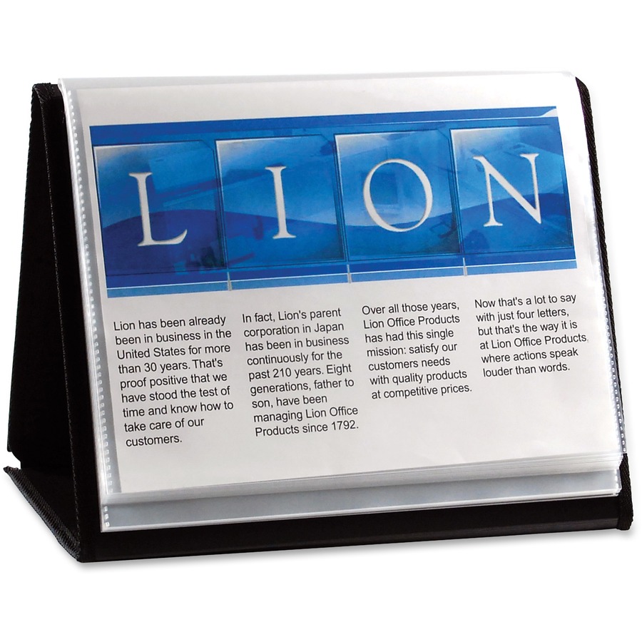 Lion Flip-N-Tell Display Easel Books - Letter - 8 1/2" x 11" Sheet Size - 40 Sheet Capacity - 20 Pocket(s) - Polypropylene - Black - 1.50 lb - Recycled - Non-stick, Acid-free, Lightweight, Reinforced Sewn Edge, Hook & Loop Closure, Business Card Holder - 1 Each