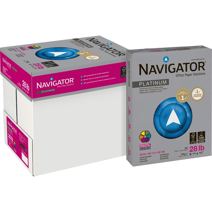 Navigator Platinum Office Multipurpose Paper - 99 Brightness - Letter - 8 1/2" x 11" - 28 lb Basis Weight - Smooth - 2500 / Carton - Jam-free