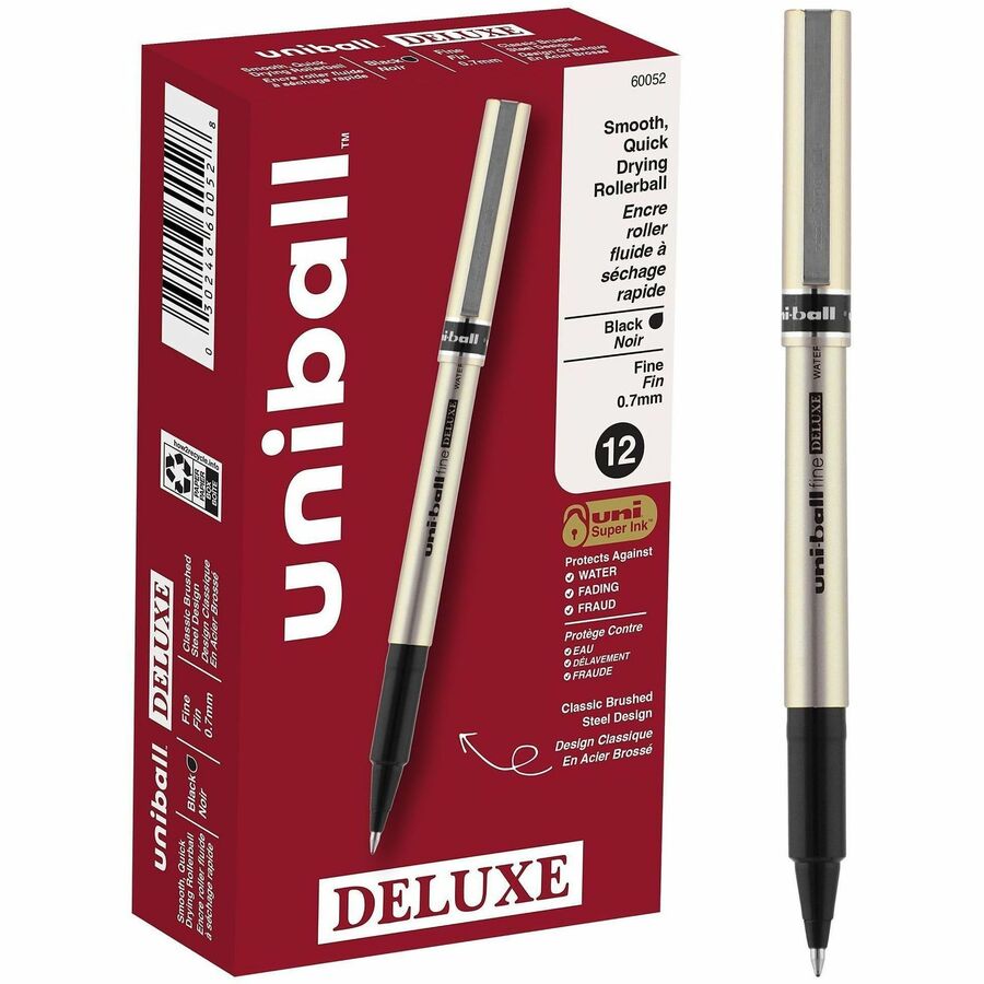 uniball™ Deluxe Rollerball Pens - Fine Pen Point - 0.7 mm Pen Point Size - Black - Champagne Barrel - 1 Dozen