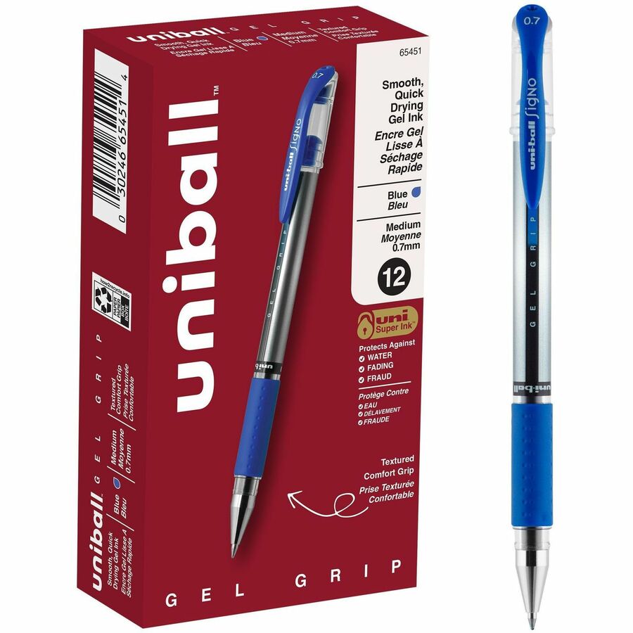 uniball™ Gel Grip Pens - Medium Pen Point - 0.7 mm Pen Point Size - Blue Gel-based Ink - 1 Dozen