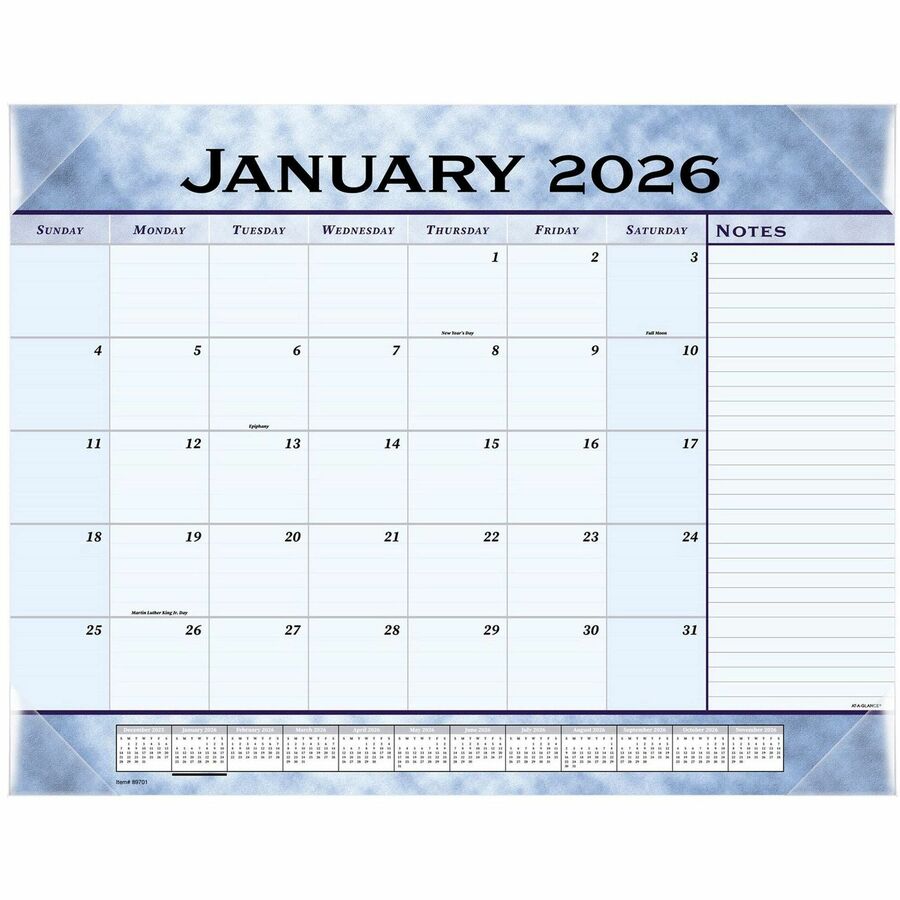 At-A-Glance Monthly Desk Pad - Julian Dates - Monthly - 12 Month - January 2024 - December 2024 - 1 Month Single Page Layout - 22" x 17" Sheet Size - 2.43" x 2.25" Block - Desk Pad - Blue - Poly, Paper - 1 Each