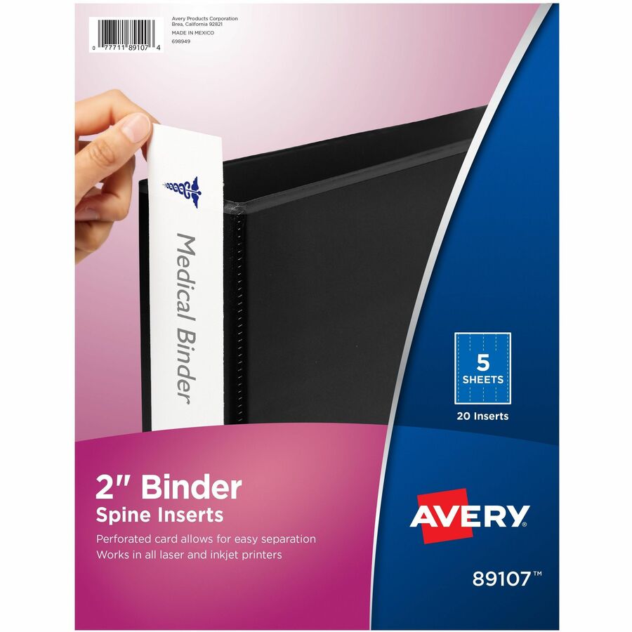 Avery(R) Binder Spine Inserts, 2 Inch Binders, 20 Inserts (89107) - Avery(R) Binder Spine Inserts, For 2 Inch Ring Binders with 1.4" Spine Width, 20 Cardstock View Binder Spine ID Inserts (89107)