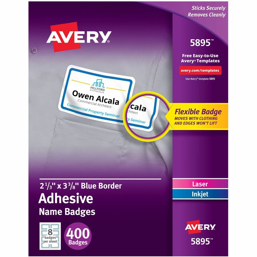 Avery® Adhesive Name Badges - 2 21/64" Width x 3 3/8" Length - Removable Adhesive - Rectangle - Laser, Inkjet - White, Blue - Film - 8 / Sheet - 50 Total Sheets - 400 Total Label(s) - 400 / Box