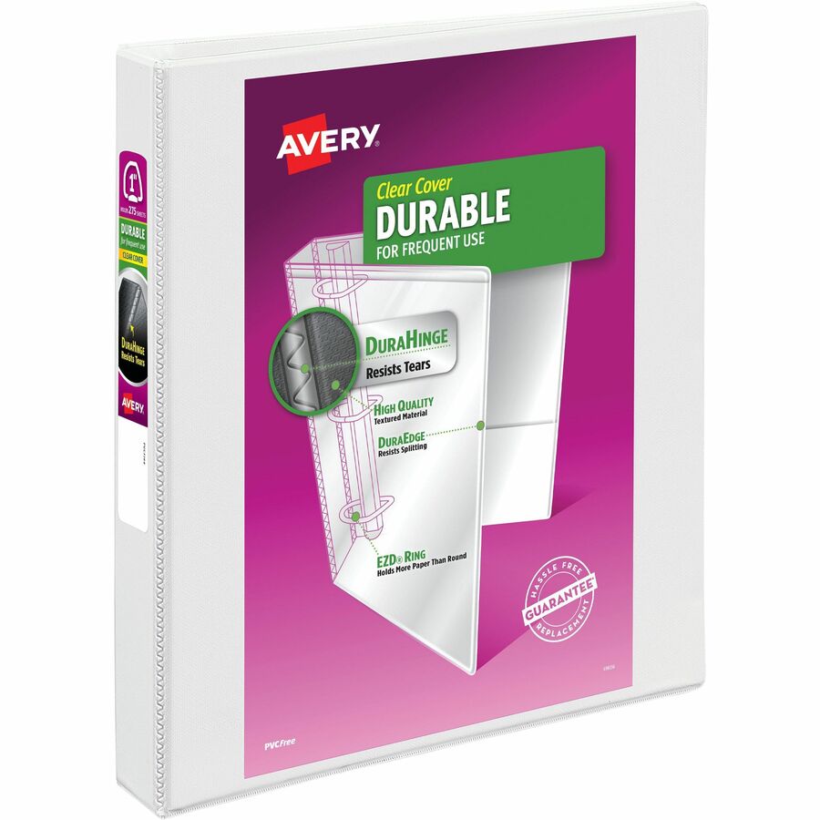 Avery® Durable View Binder - EZD Rings - 1" Binder Capacity - Letter - 8 1/2" x 11" Sheet Size - 275 Sheet Capacity - 3 x D-Ring Fastener(s) - 4 Internal Pocket(s) - Poly - White - Recycled - Easy Insert Spine, Exposed Rivet, Gap-free Ring, Stacked Pocket - 1 Each