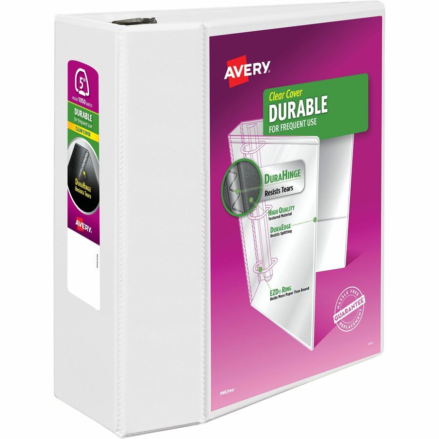 Avery® Durable View Binder - EZD Rings - 5" Binder Capacity - Letter - 8 1/2" x 11" Sheet Size - 1050 Sheet Capacity - 3 x D-Ring Fastener(s) - 4 Internal Pocket(s) - Poly - White - Recycled - Exposed Rivet, Gap-free Ring, One Touch Ring, Stacked Pocket - 1 Each