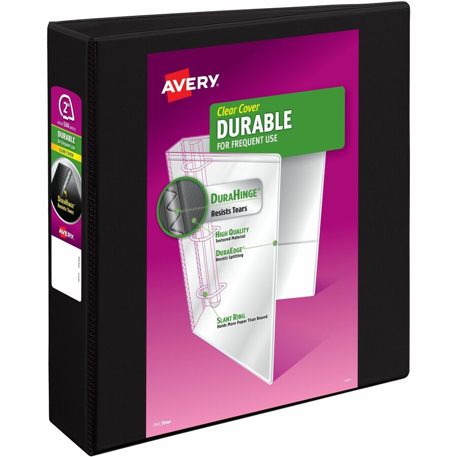 Avery® Durable View Binders with Slant Rings - 2" Binder Capacity - Letter - 8 1/2" x 11" Sheet Size - 530 Sheet Capacity - 3 x Slant Ring Fastener(s) - 2 Internal Pocket(s) - Polypropylene - Black - Recycled - Pocket, Durable, Tear Resistant, Flexible, Split Resistant, Sturdy - 1 Each