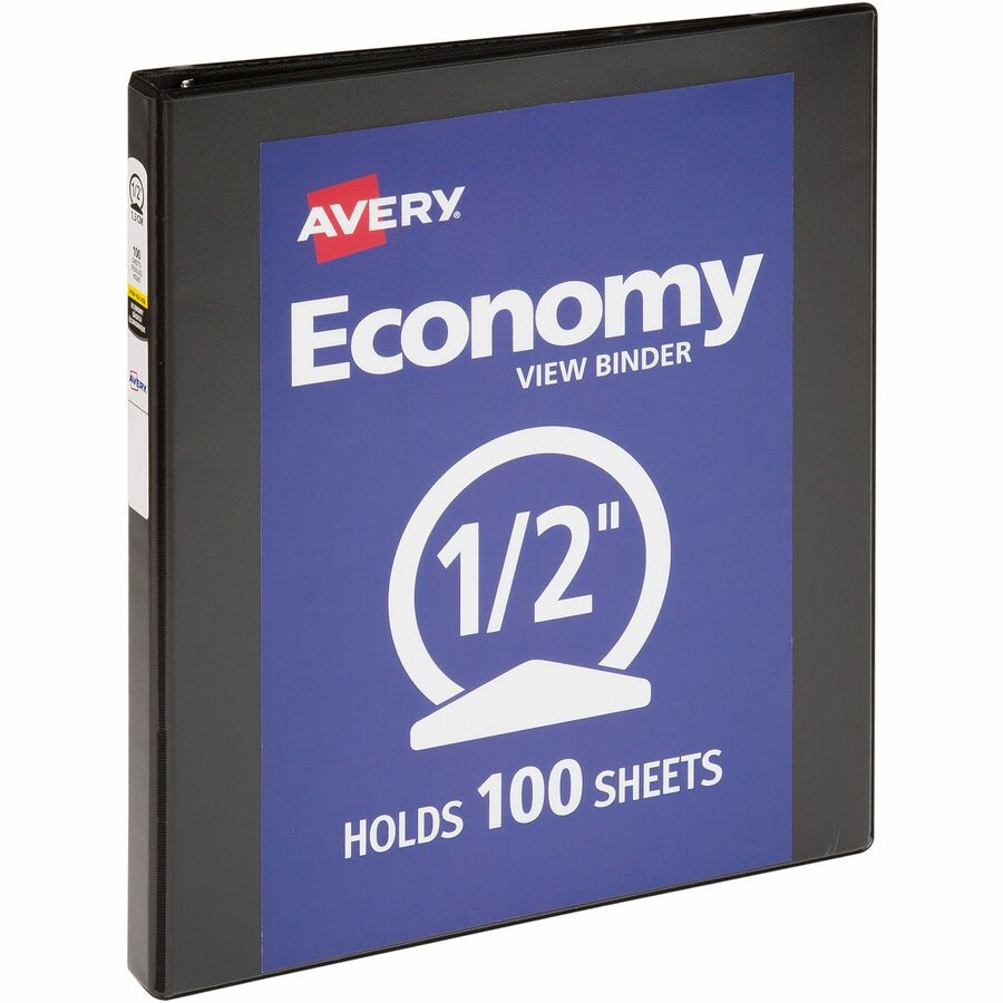 Avery® Economy View Binder - 1/2" Binder Capacity - Letter - 8 1/2" x 11" Sheet Size - 100 Sheet Capacity - 3 x Round Ring Fastener(s) - 2 Internal Pocket(s) - Vinyl, Chipboard - Black - 1 lb - Gap-free Ring, Exposed Rivet, Non Locking Mechanism, Clear Overlay - 1 Each