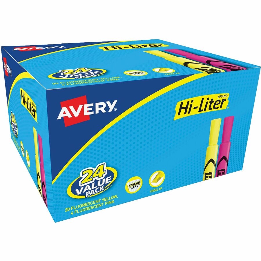 Avery® Hi-Liter Desk-Style Highlighters - Chisel Marker Point Style - Fluorescent Yellow, Fluorescent Pink Water Based Ink - 24 / Box