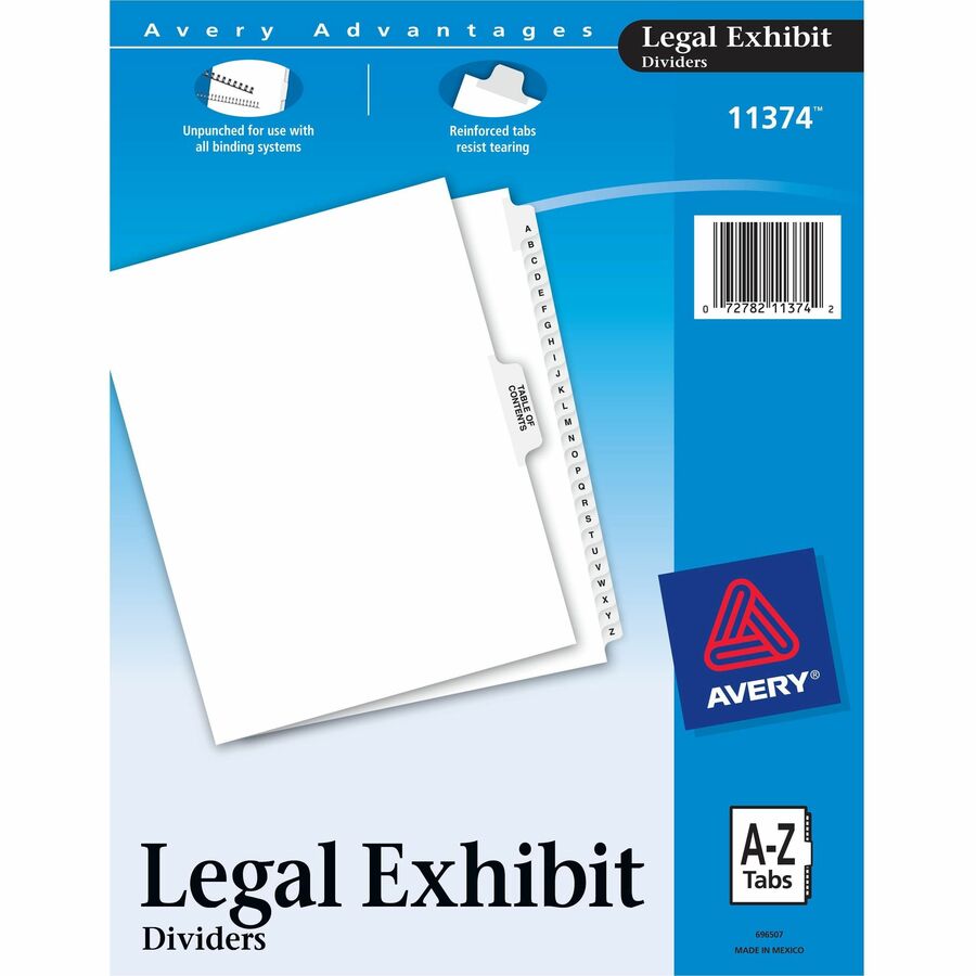Avery® Premium Collated Legal Exhibit Dividers with Table of Contents Tab - Avery Style - 26 x Divider(s) - Printed Tab(s) - Character - A-Z - 26 Tab(s)/Set - 8.5" Divider Width x 11" Divider Length - Letter - White Paper Divider - White Tab(s) - 25 / Set