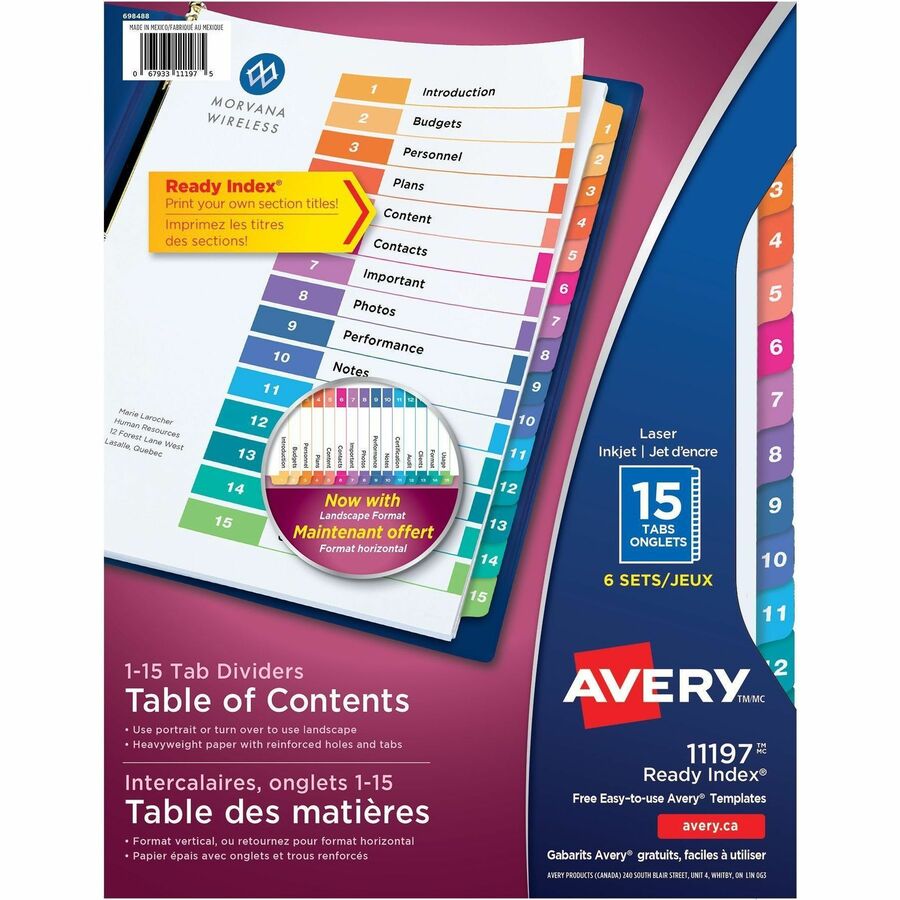 Avery® Ready Index Custom TOC Binder Dividers - 90 x Divider(s) - 1-15 - 15 Tab(s)/Set - 8.5" Divider Width x 11" Divider Length - 3 Hole Punched - White Paper Divider - Multicolor Paper Tab(s) - 6 / Pack