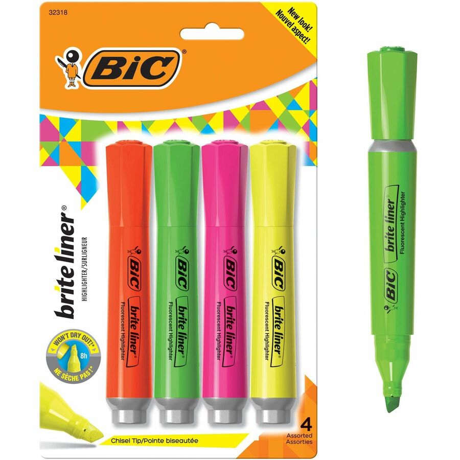BIC Brite Liner Grip XL Highlighters, Assorted, 4 Pack - Chisel Marker Point Style - Fluorescent Assorted - 4 Pack