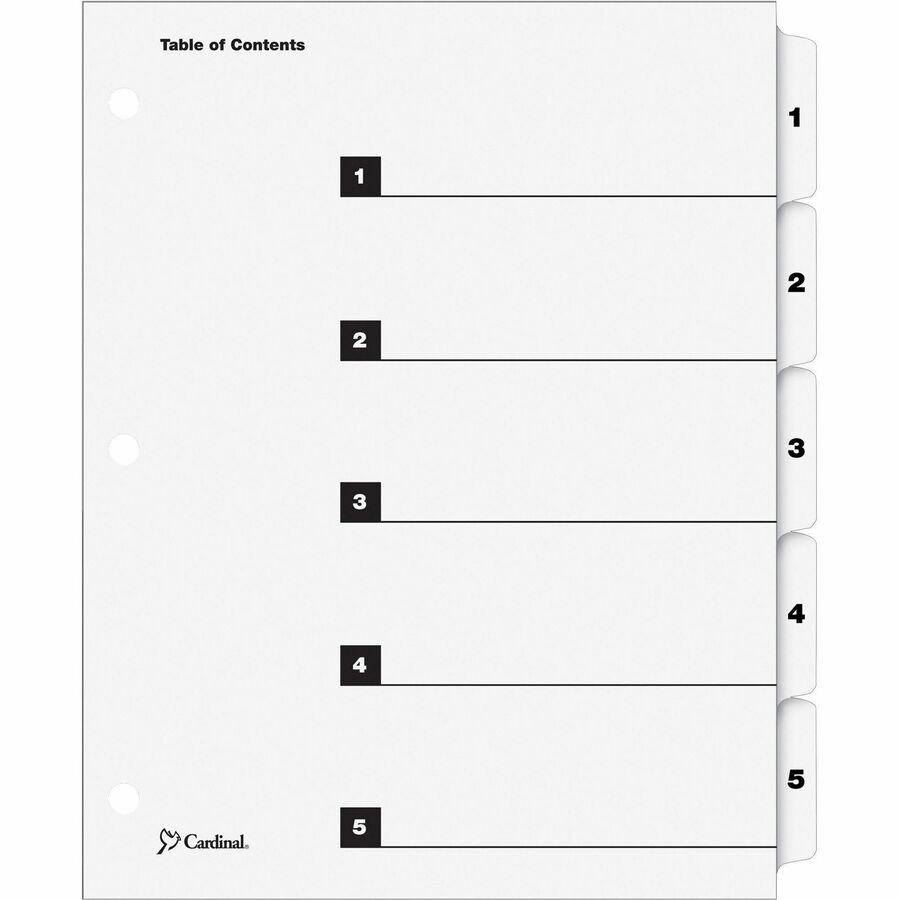 Cardinal OneStep Numbered Index System - 5 x Divider(s) - Printed Tab(s) - Digit - 1-5 - 5 Tab(s)/Set - 9" Divider Width x 11" Divider Length - Letter - 8.50" Width x 11" Length - 3 Hole Punched - White Divider - White Mylar Tab(s) - 5 / Set