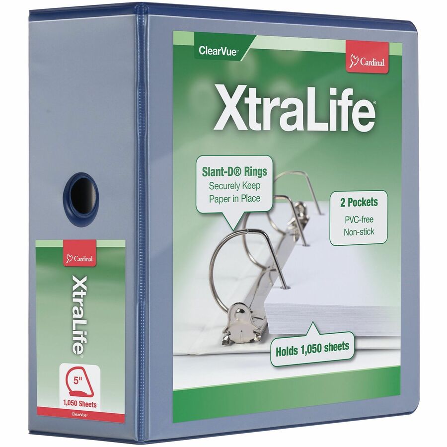 Cardinal Xtralife ClearVue Locking Slant-D Binders - 5" Binder Capacity - Letter - 8 1/2" x 11" Sheet Size - 1100 Sheet Capacity - 4 3/8" Spine Width - 3 x D-Ring Fastener(s) - 2 Inside Front & Back Pocket(s) - Polyolefin - Blue - 2.25 lb - Non-stick, Locking Ring, PVC-free, Clear Overlay, Cold Resistant, Crack Resistant - 1 Each