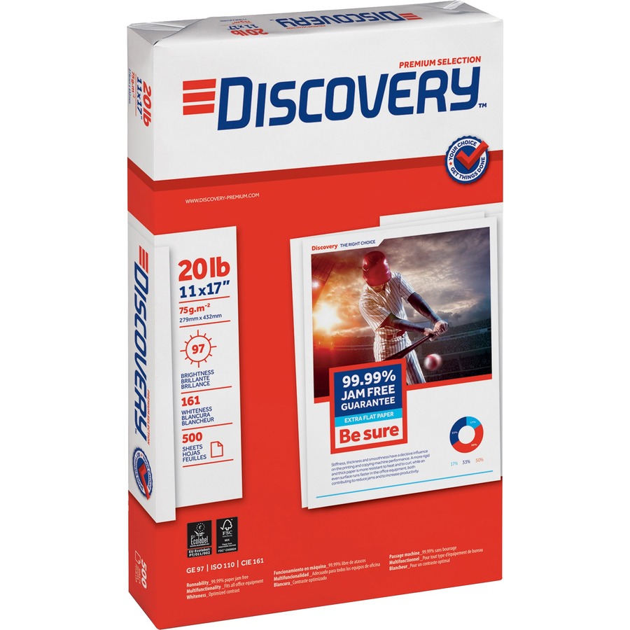 Discovery Premium Multipurpose Paper - Anti-Jam - White - 97 Brightness - Ledger/Tabloid - 11" x 17" - 20 lb Basis Weight - 2500 / Carton - Excellent Ink Absorption