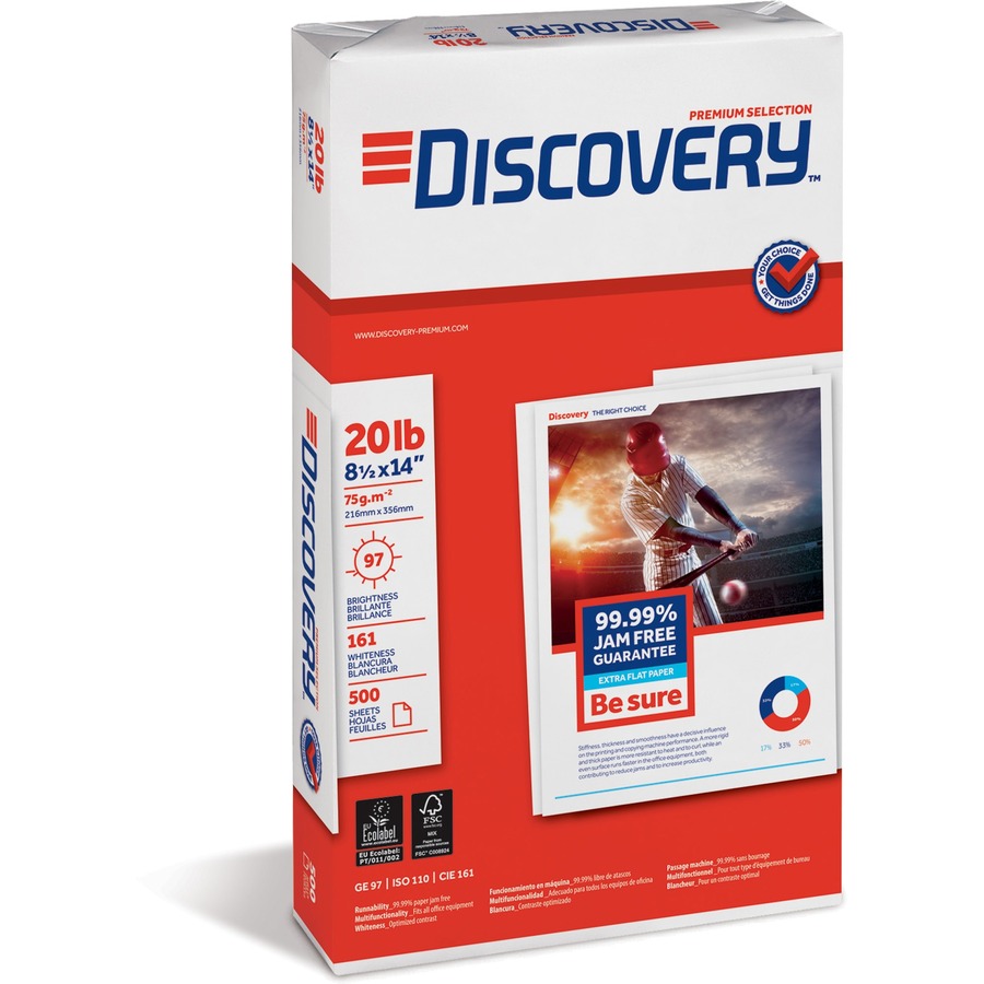 Discovery Premium Multipurpose Paper - Anti-Jam - White - 97 Brightness - Legal - 8 1/2" x 14" - 20 lb Basis Weight - 5000 / Carton - Excellent Ink Absorption