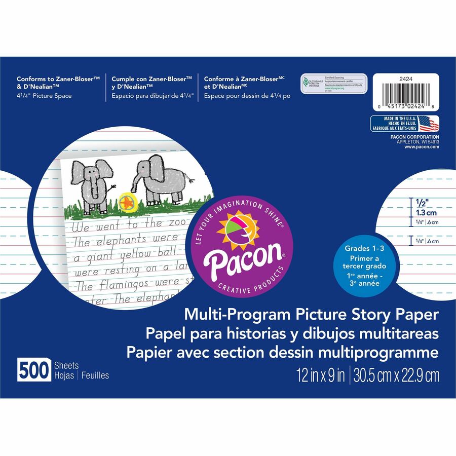 Pacon Multi-program Picture Story Paper - 0.50" Ruled - 4.25" Picture Story Space - Unruled Margin - 12" x 9" - AssortedChipboard Cover - Hard Cover - 500 / Ream
