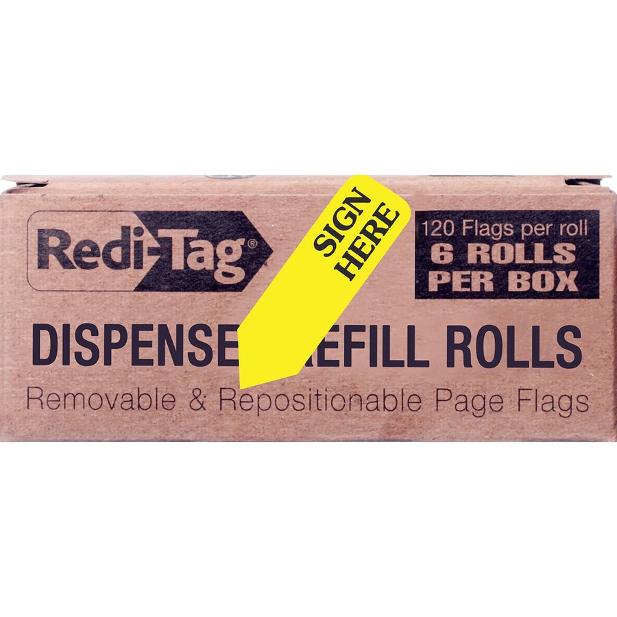 Redi-Tag Sign Here Arrow Flags Dispenser Refills - 720 x Yellow - 1.88" x 0.56" - "SIGN HERE" - Yellow - Removable, Self-adhesive - 6 / Box