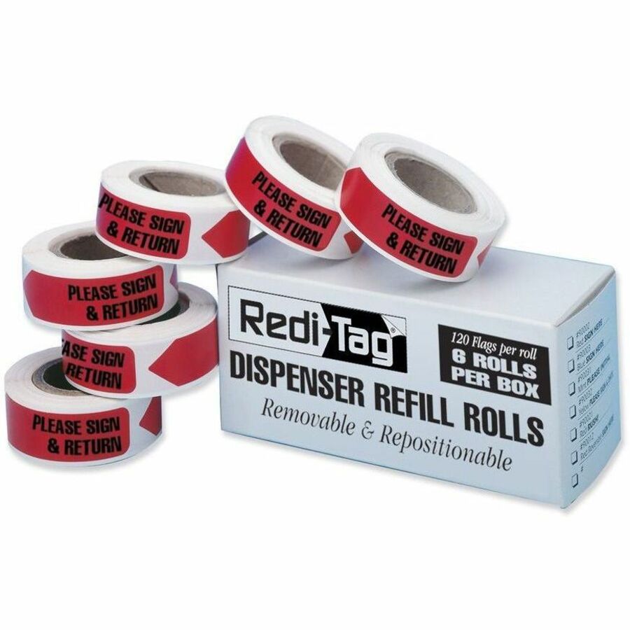Redi-Tag Sign/Return Refill Flags - 120 x Red - 1.88" x 0.56" - Arrow - "Sign & Return" - Red - Removable, Self-adhesive - 6 / Box
