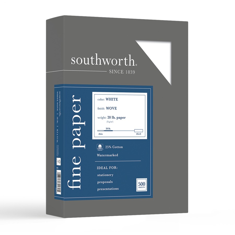 Southworth Business Paper - Letter - 8 1/2" x 11" - 20 lb Basis Weight - Wove - 500 / Box - FSC - Watermarked, Acid-free, Date-coded, Lignin-free
