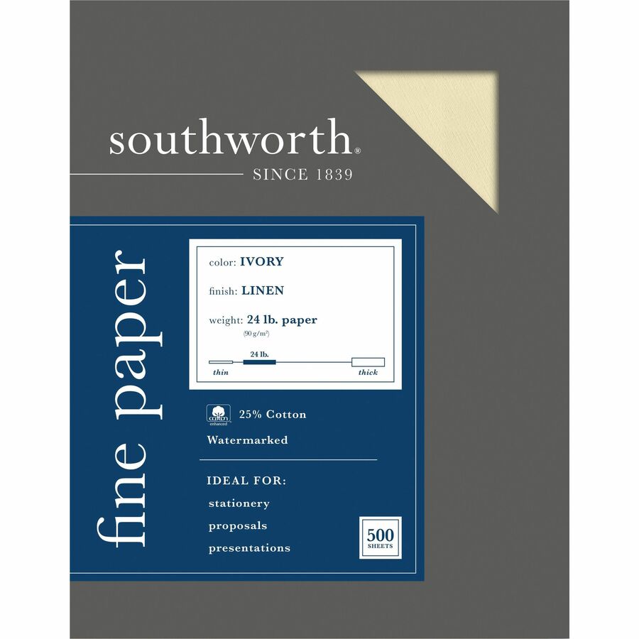 Southworth Linen Business Paper - Letter - 8 1/2" x 11" - 24 lb Basis Weight - Linen - 500 / Box - FSC - Acid-free, Watermarked, Date-coded