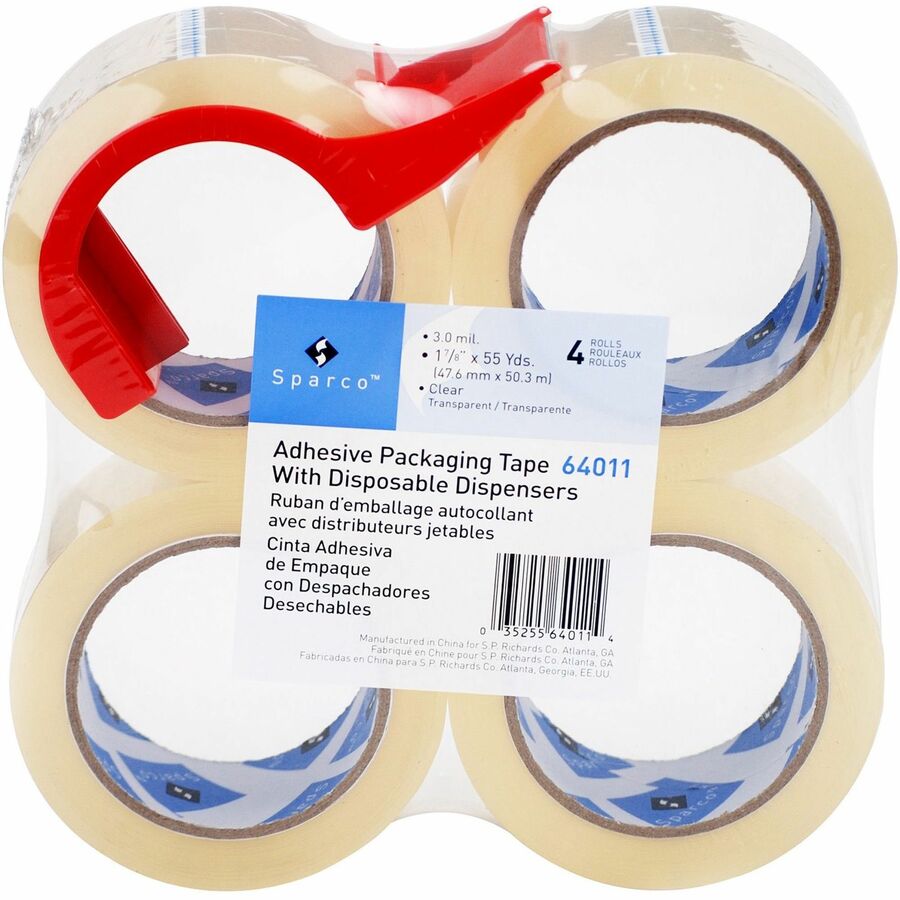 Sparco Heavy-duty Packaging Tape with Dispenser - 55 yd Length x 2" Width - 3" Core - 3 mil - Acrylic Backing - Dispenser Included - 4 / Pack - Clear
