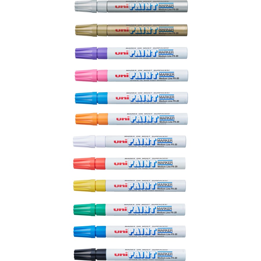 uni® uni-Paint PX-20 Oil-Based Paint Marker - Medium Marker Point - Blue, Red, Green, Yellow, Black, White, Silver, Gold, Violet, Pink, Light Blue, ... Oil Based Ink - White Barrel - 12 / Set